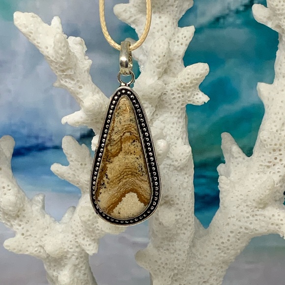 Hand Crafted Jewelry - Picture Jasper Necklace - 925 Silver Plated on Waxed Cotton Cord - Handmade